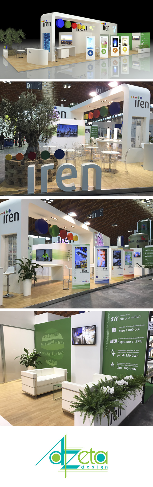 Stand dell’azienda Iren realizzato da Azeta design in occasione della fiera Ecomondo tenuta nella città di Rimini (IT).